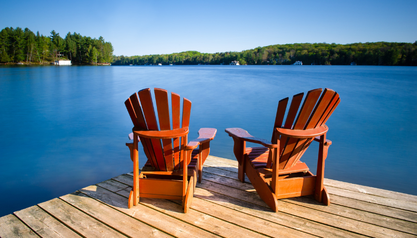 Two muskoka chairs overlooking lake
